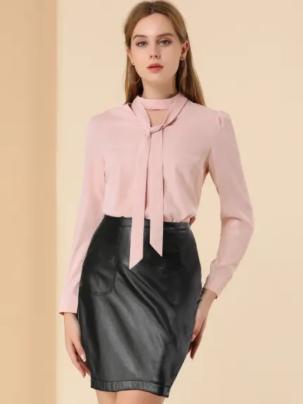 Allegra K- Blouse à manches longues bouffantes et col ras du cou avec nœud papillon