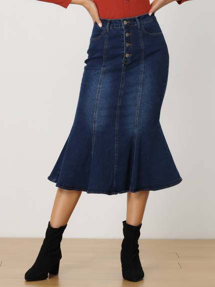 Allegra K- Washed Denim Fishtail Midi Skirt