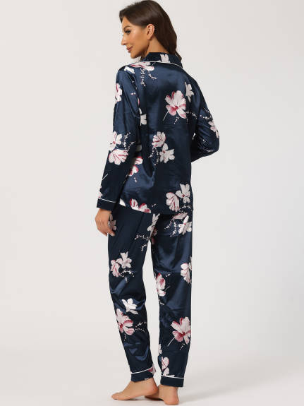 cheibear - Floral Sleep Shirt Long Pants Satin Pj Set