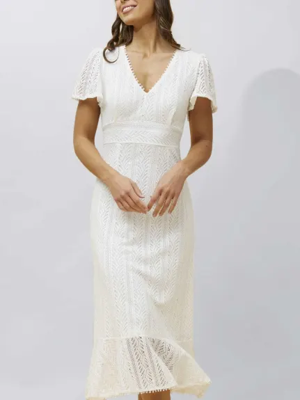 Annick - Bonnie Midi Dress Knit Lace Crochet V Neck Solid