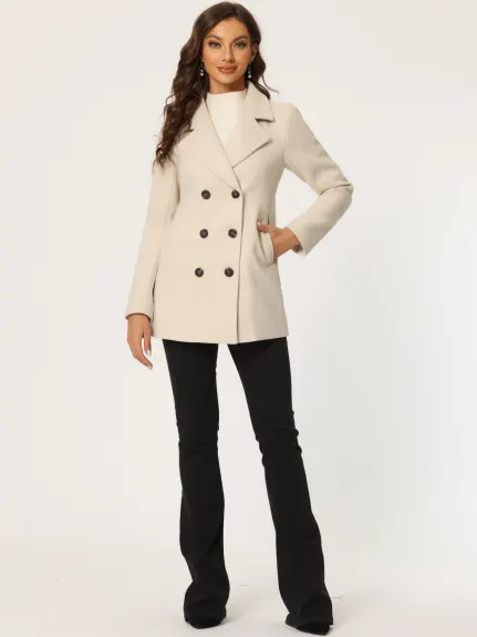 Allegra K- Notched Lapel Double-Breasted Overcoat