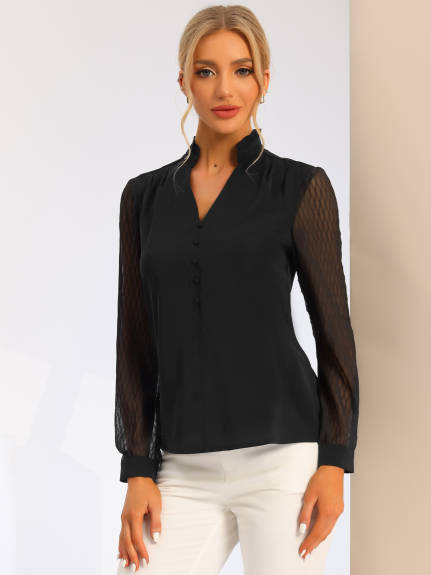 Allegra K - V Neck Sheer Long Sleeve Work Shirt