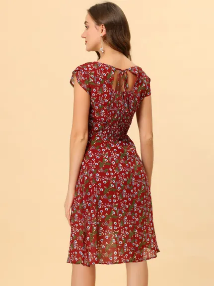 Allegra K- Smocked Sweetheart Cap Sleeve Cinched Floral Chiffon Midi Dress