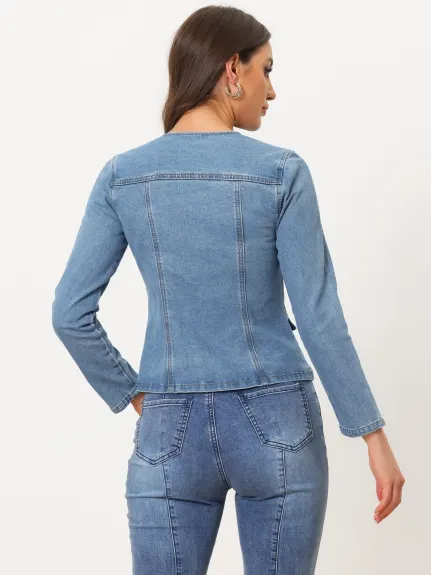 Allegra K- Stretchy Lapel Collar Jean Jackets