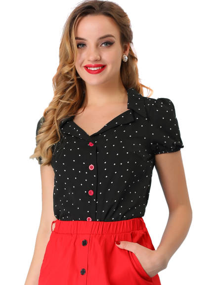 Allegra K - Polka Dots Short Sleeve Button Up Blouse