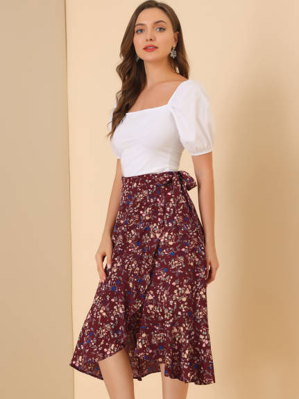 Allegra K- Tie Ruffle Split Midi Floral Wrap Skirt