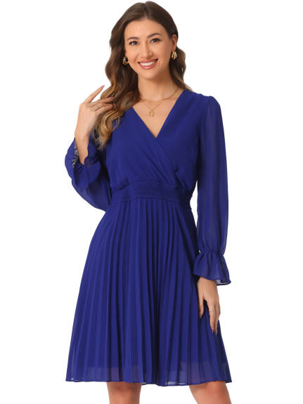 Allegra K - Smocked Long Sleeve Pleated Midi Dress