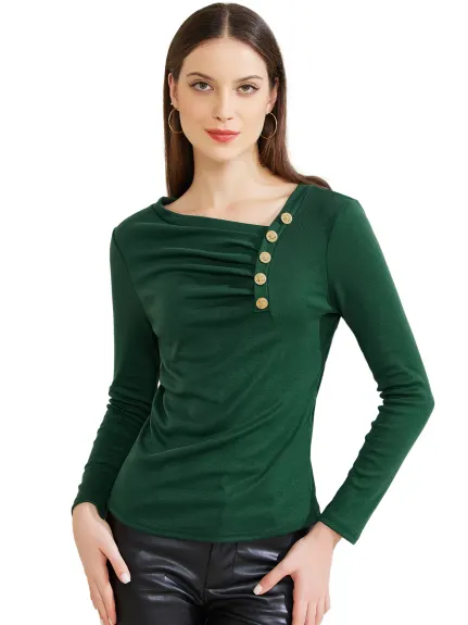 Allegra K - Asymmetrical Neck Button Decor Pleated Top