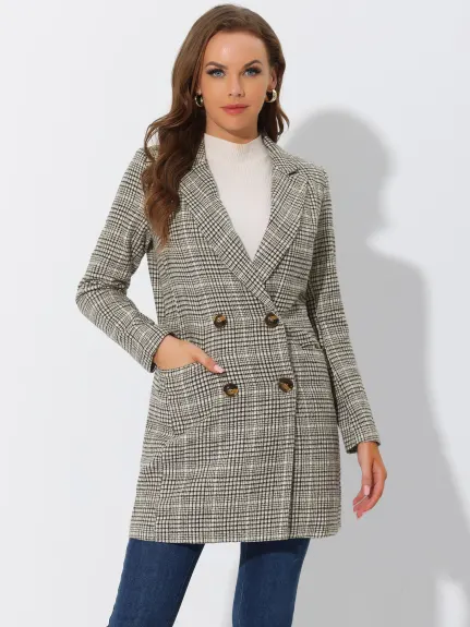 Allegra K- Notched Lapel Double Breasted Plaid Blazer