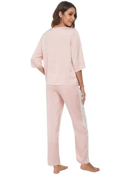 cheibear - Lace 3/4 Sleeves Lounge with Pants Pajama Set