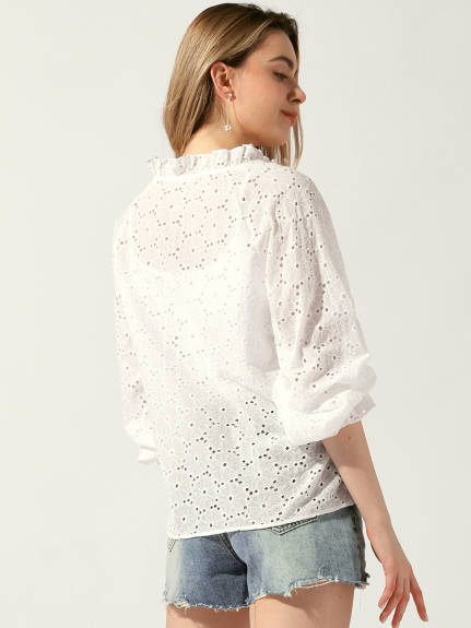 Allegra K- Boho Hollow-Out Ruffled Collar Eyelet Blouse