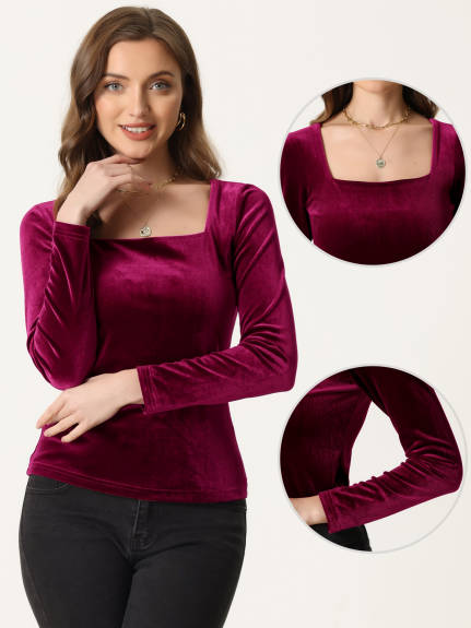 Allegra K- Square Neck Long Sleeve Velvet Blouse