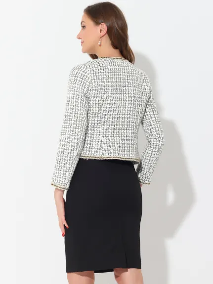 Allegra K- Plaid Tweed Open Front Short Blazer