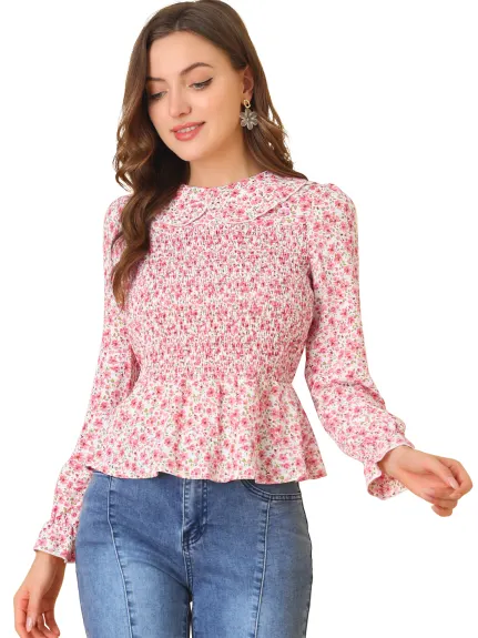 Allegra K - Peter Pan Collar Chiffon Floral Smocked Top