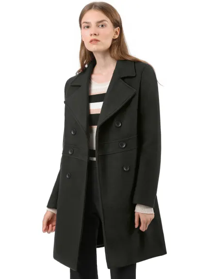 Allegra K- Notched Lapel Double Breasted Mid-Lentgh Overcoat