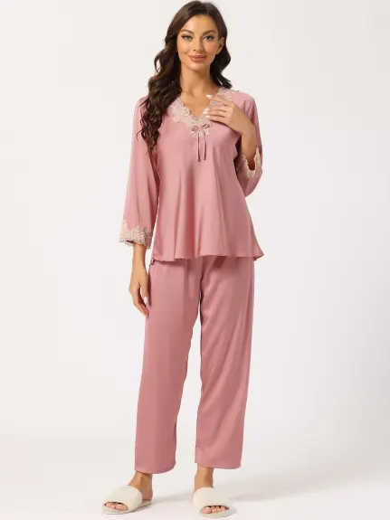 Allegra K - Lace Trim Solid Pajama Sets