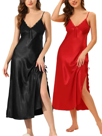 cheibear - V-Neck Satin Cami Nightgown 2-Pack, Black