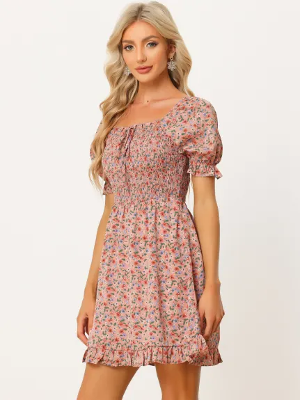 Allegra K- Puff Sleeve Square Neck Ruffled Hem Floral Smocked Dress