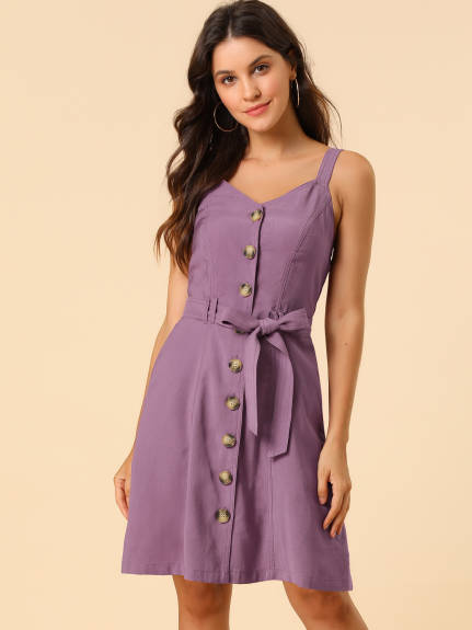 Allegra K- Belted Spaghetti Strap Button Dress