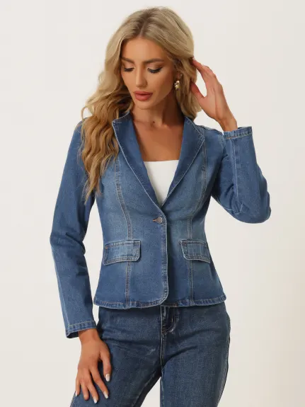 Allegra K- Stretchy Lapel Collar Jean Jackets