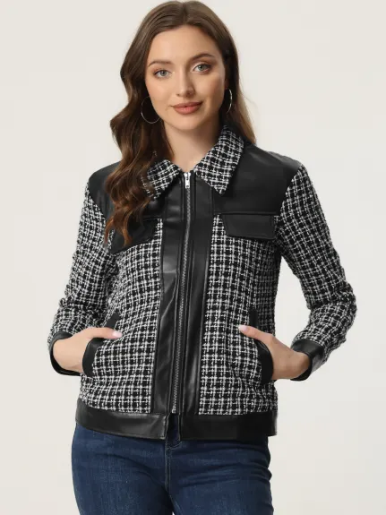 Allegra K - Vintage Leather Stitching Plaid Tweed Jacket