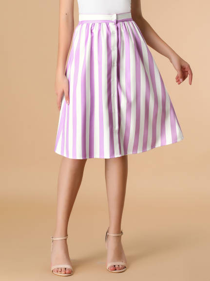 Allegra K - Button A-Line Striped Midi Skirt