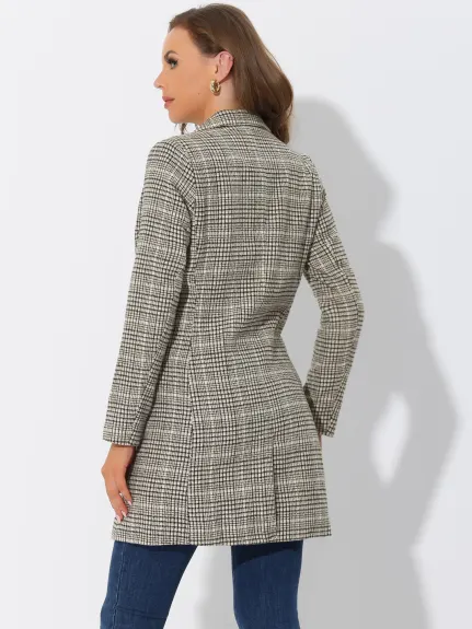 Allegra K- Notched Lapel Double Breasted Plaid Blazer