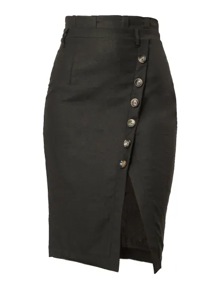 Allegra K - Button Decor Split Belted Pencil Skirt