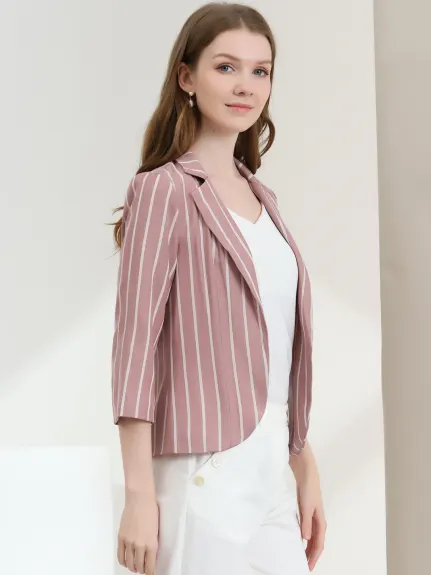 Allegra K- Casual Striped 3/4 Sleeves Open Front Notched Lapel Blazer