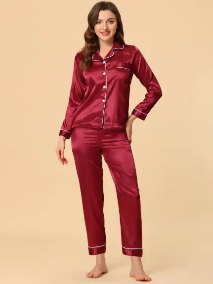 Allegra K - Satin Button Down Lounge Pajama Sets