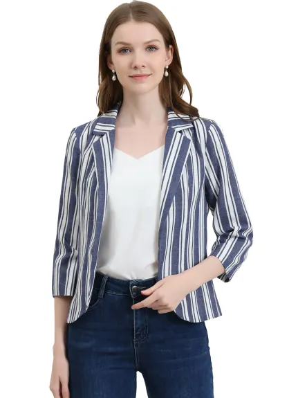 Allegra K- Casual Striped 3/4 Sleeves Open Front Notched Lapel Blazer