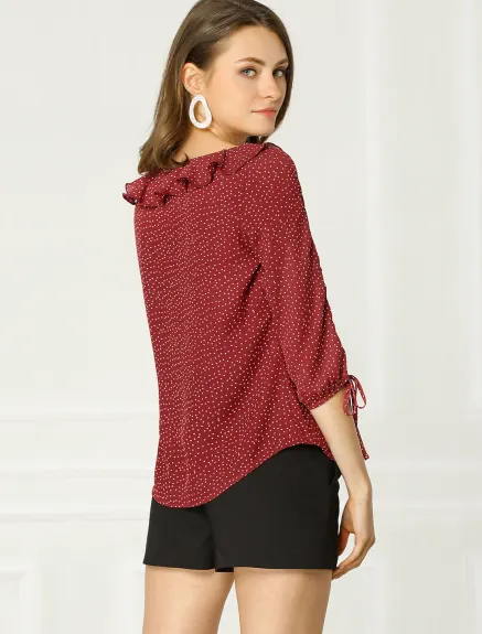 Allegra K- Ruffled Neck Half Sleeve Sheer Polka Dots Blouse