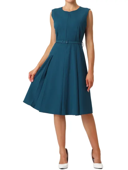 Hobemty- Sleeveless Zip Up Belted Fit and Flare Dress