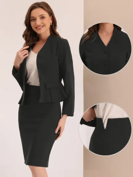 Allegra K - Collarless Peplum Blazer Skirt Business Suit