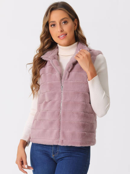 Allegra K - Sleeveless Winter Zip-Up Faux Fur Jacket