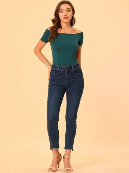 Allegra K- Off Shoulder Solid Slim Fit Tees