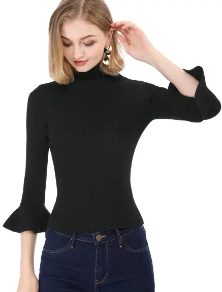 Allegra K- Turtle Neck 3/4 Ruffle Sleeves Pullover Slim Rib Knit Sweater