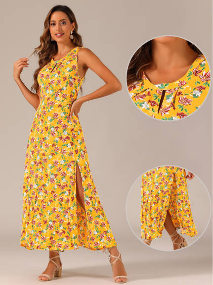 Allegra K- Sleeveless Floral Split Maxi Dress