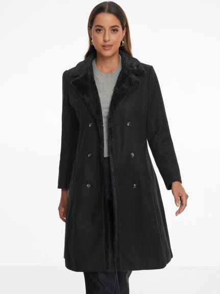 Allegra K - Faux Fur Collar Double Breasted Long Coat