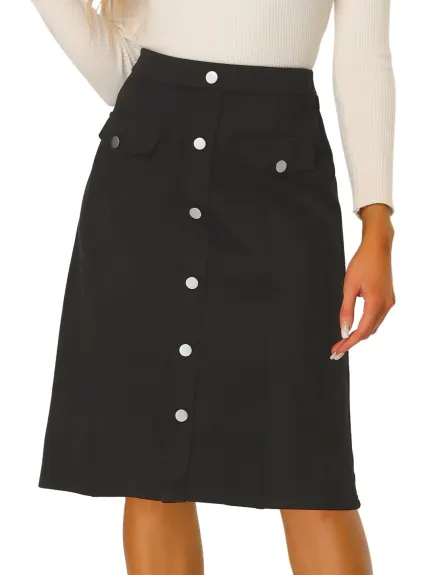 Allegra K- Suede Button Pockets Decor A-Line Skirt