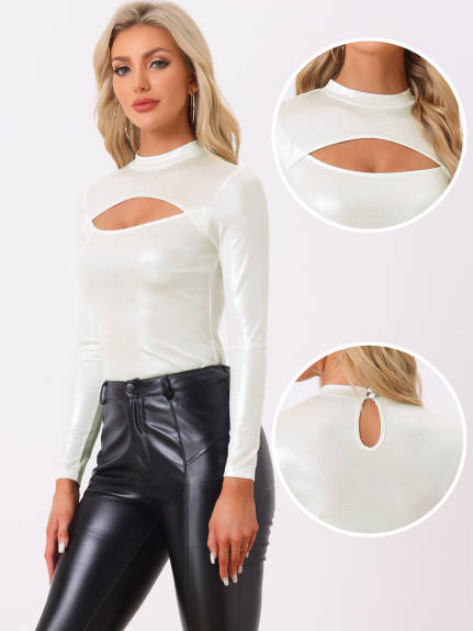 Allegra K- Glitter Mock Neck Long Sleeve Cutout Top