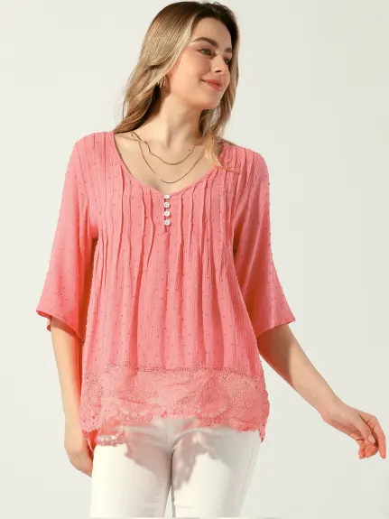 Allegra K - Lace V Neck Summer Lace Hem Top