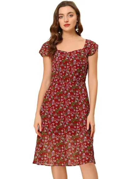 Allegra K- Smocked Sweetheart Cap Sleeve Cinched Floral Chiffon Midi Dress