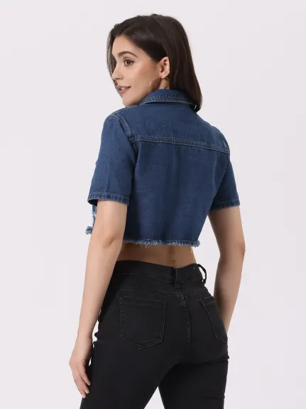 Allegra K- Short Sleeve Frayed Crop Denim Jacket