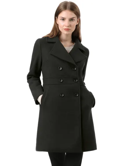 Allegra K- Notched Lapel Double Breasted Mid-Lentgh Overcoat