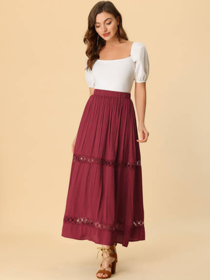 Allegra K - Lace Insert Swing Solid Maxi Skirt