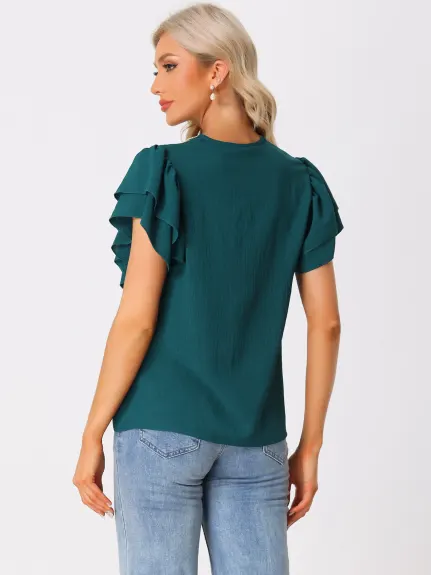 Allegra K - Ruffle Short Sleeve V Neck Blouse