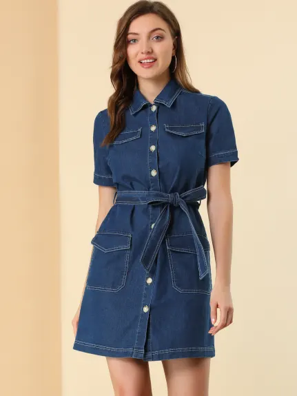 Allegra K- Belted Jean Denim ShirtDress