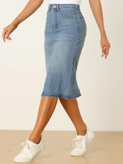 Allegra K- jupe Midi pour femme taille haute à dos fendu en Denim