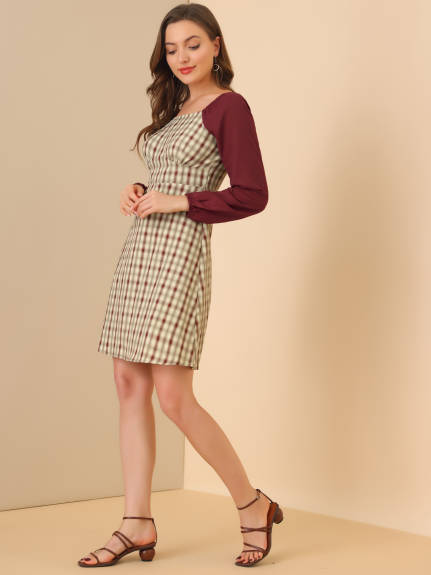 Allegra K- Long Sleeve Square Neck A-Line Plaid Dress